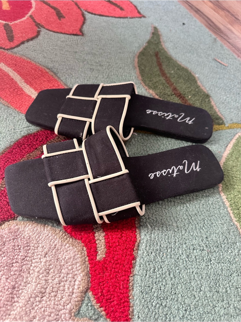 Matisse Black Woven Slide Sandals with Cream Trim